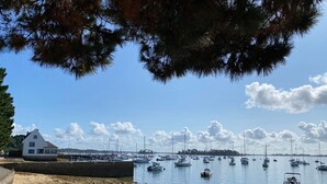 A coastal scene with a sandy beach, a white building, and numerous boats anchored in calm waters. - Les Voiles Arradonnaises - Proche sentier côtier (Arradon)