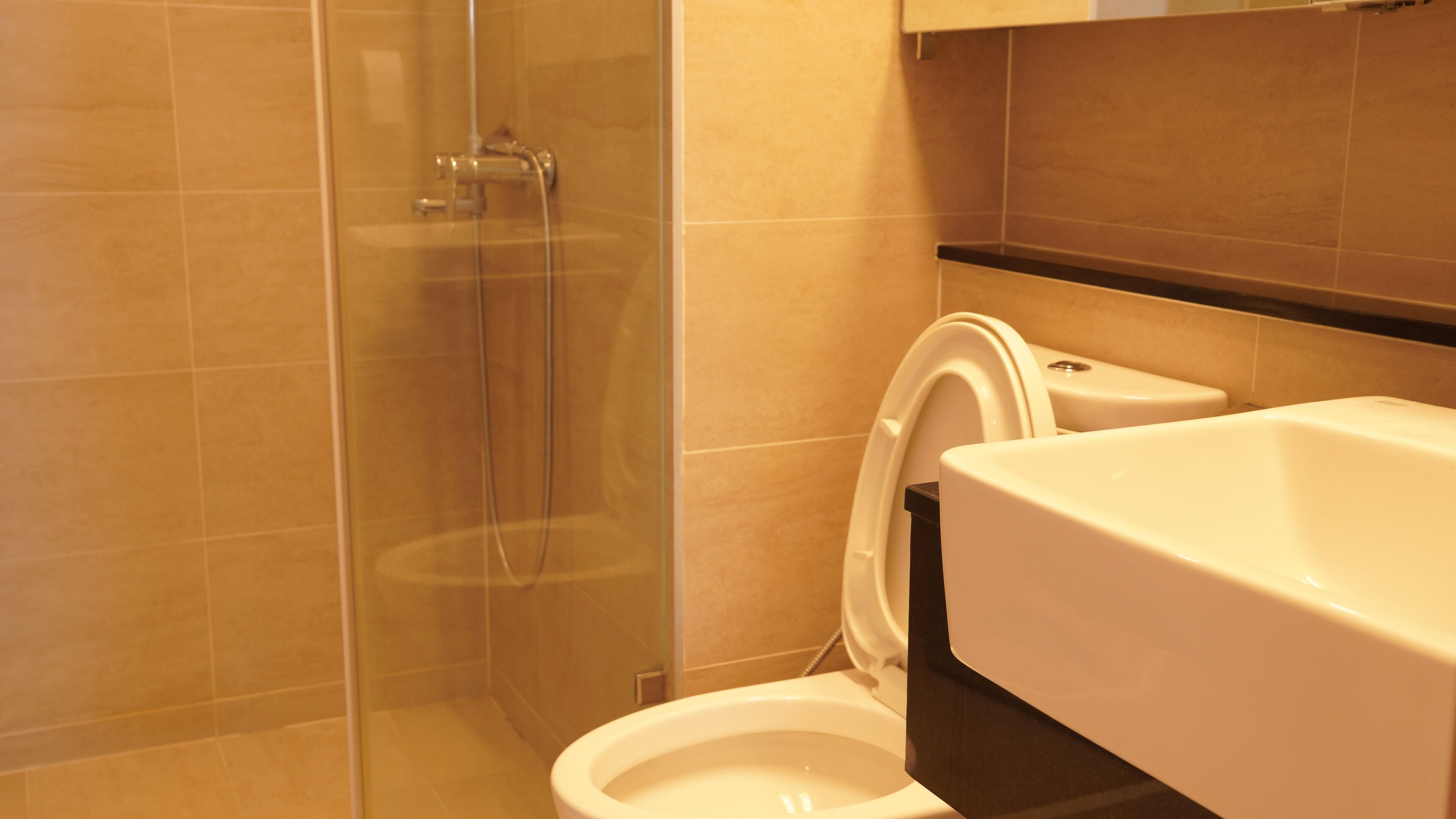 A bathroom with a glass shower enclosure, a toilet, and a sink.