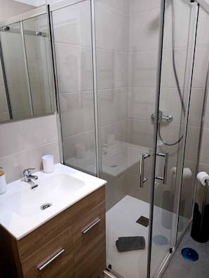 Douche, séchoir à cheveux, serviettes fournies, savon