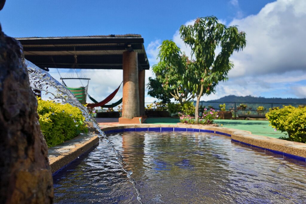 A tranquil outdoor water feature with a hammock and lush greenery.