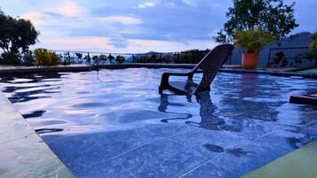 A swimming pool with a chair and potted plant.
