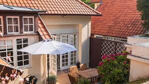 A patio area with a table and chairs, a barbecue grill, and a potted plant.