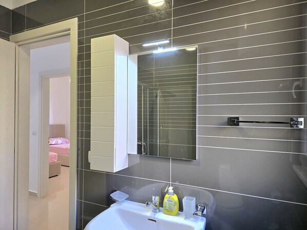 Shower, hair dryer, towels