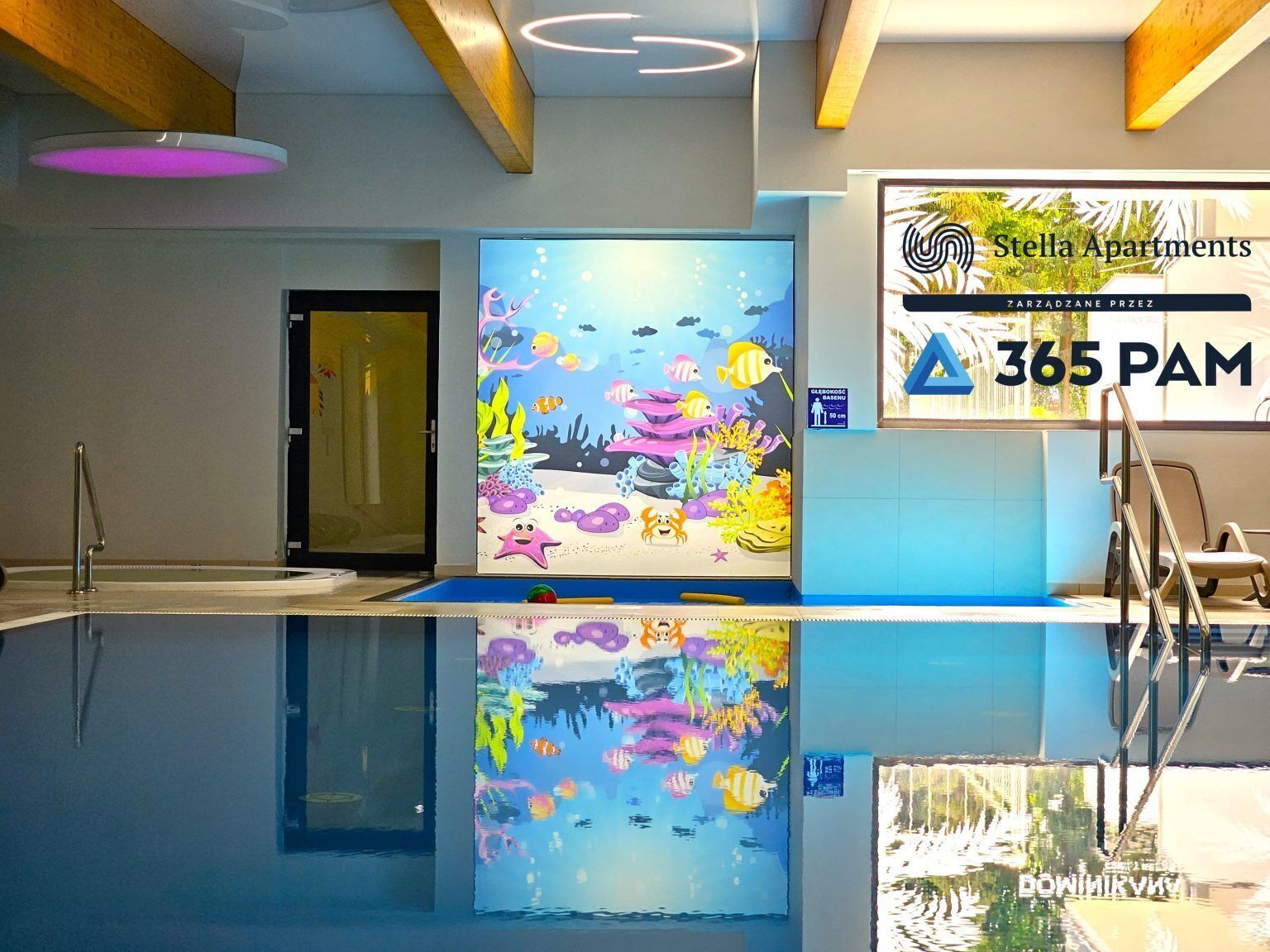 A modern indoor swimming pool with a colorful mural, a sign for Stella Apartments, and a 365 PAM logo.