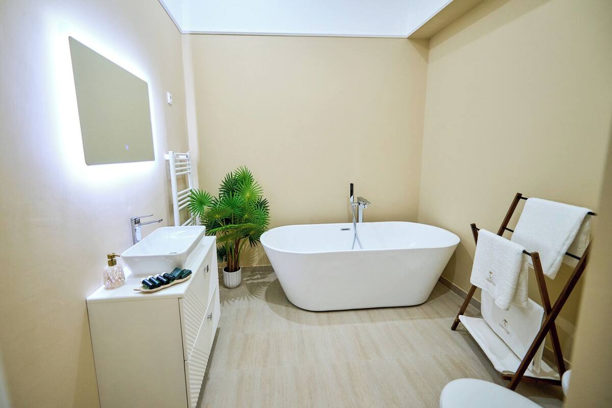Une salle de bain moderne avec une baignoire sur pieds, un lavabo, un miroir et un porte-serviettes.