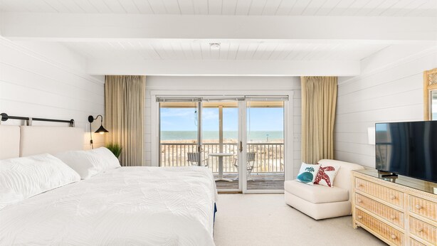 Un dormitorio con una cama grande, televisión, cómoda y balcón con vista a la playa.