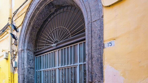 A building entrance with a large arched door, a number '15' on the wall, and a potted plant beside the door.