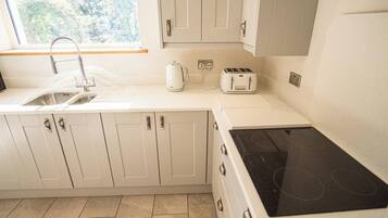 A compact kitchen with white cabinets, a sink, a kettle, a toaster, and a black induction cooktop.