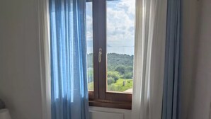 Una habitación con vista a un paisaje verde a través de una ventana con cortinas azules.