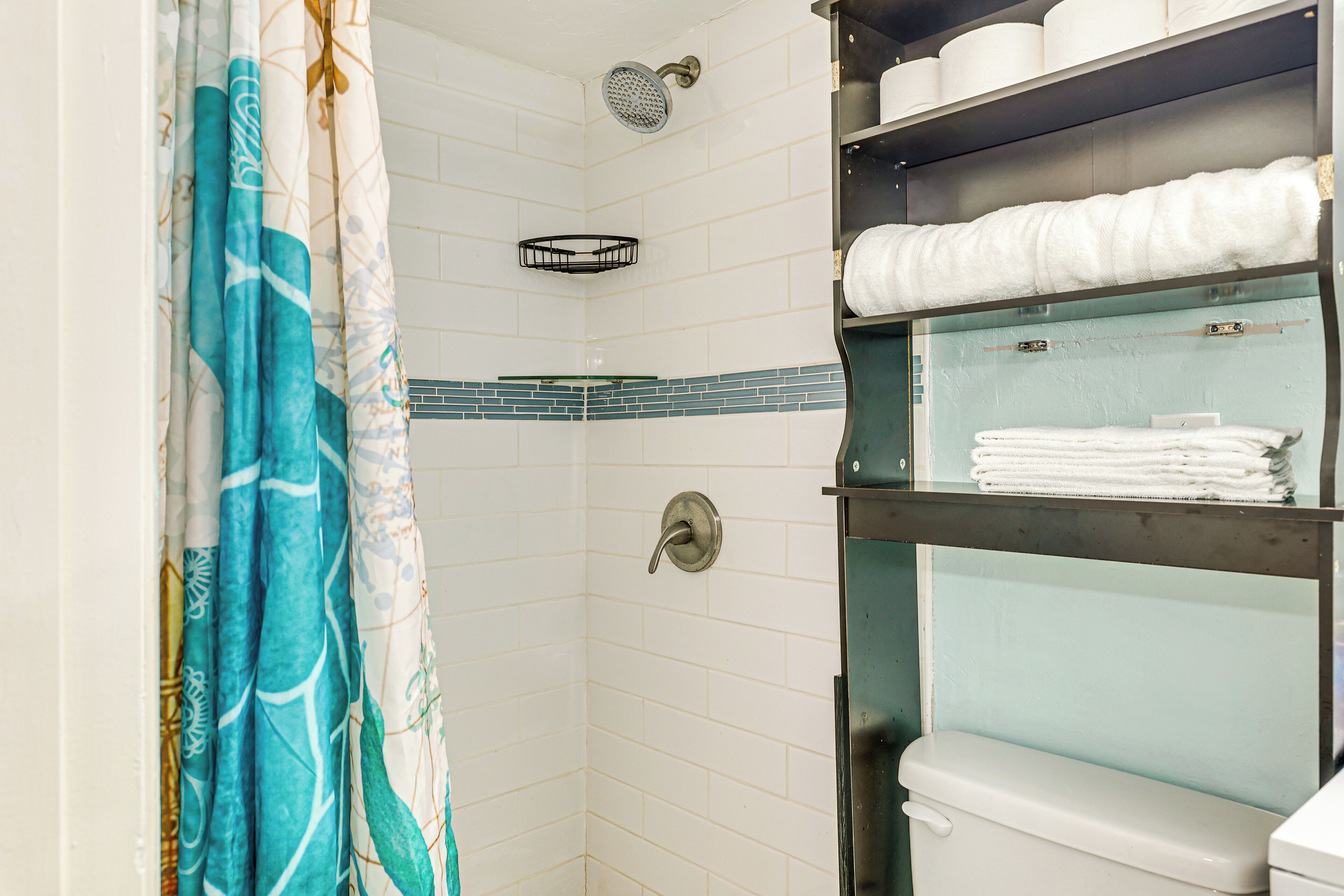 A shower with a showerhead, a towel rack, and a toilet.