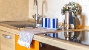 Une cuisine moderne avec un évier en acier inoxydable, un vase rempli de fleurs et une tasse à rayures posée sur le comptoir.