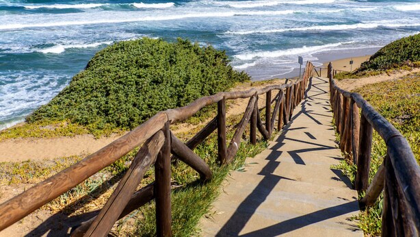 A concrete pathway with wooden railings leading to a beach with ocean waves.