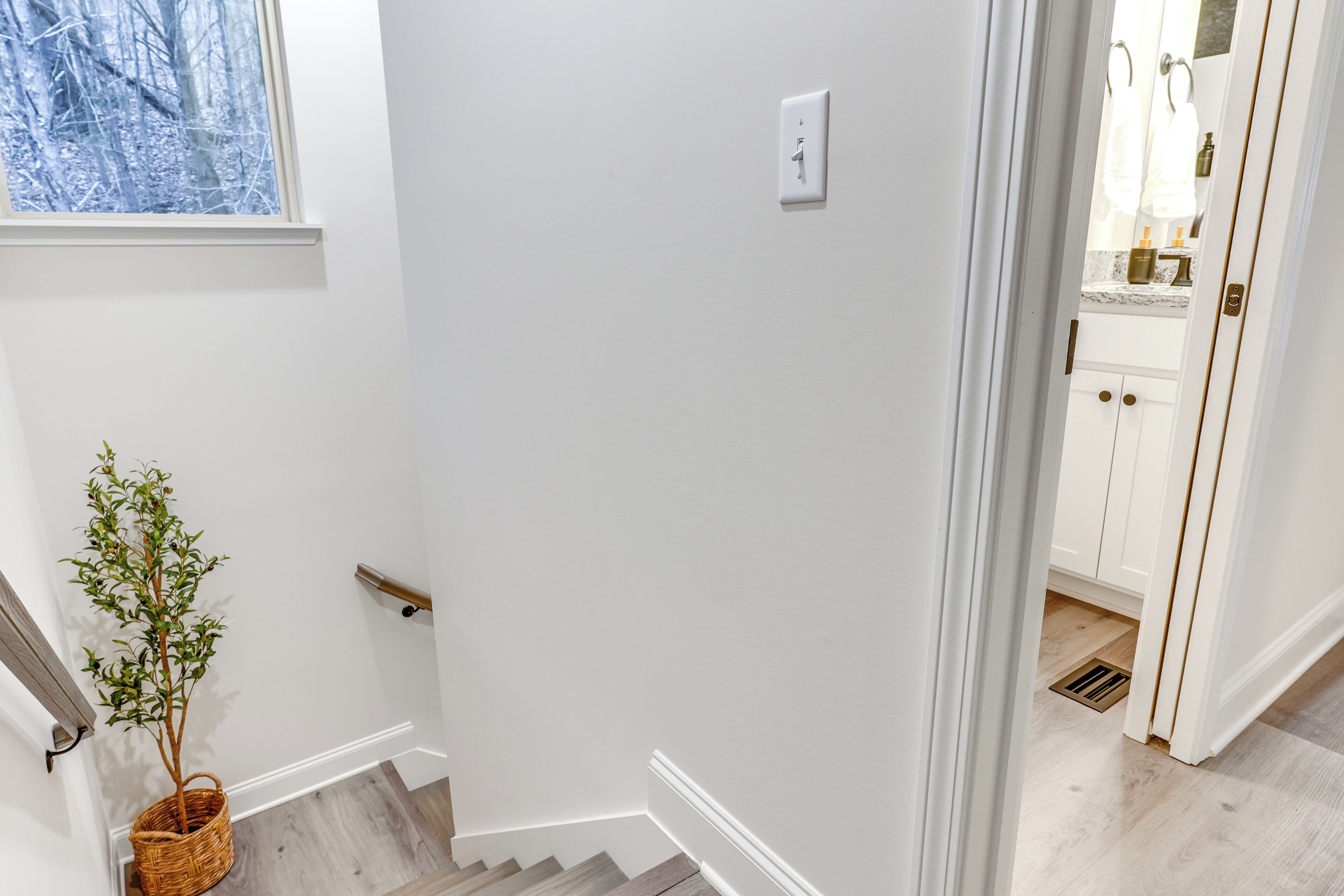 Eine Treppe mit hölzernem Geländer, einem Blumentopf und einer weißen Wand mit Lichtschalter.