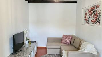 A living room with a TV, sofa, and a painting on the wall.