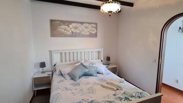 A bedroom with a bed, nightstands, a lamp, a painting, and a door.