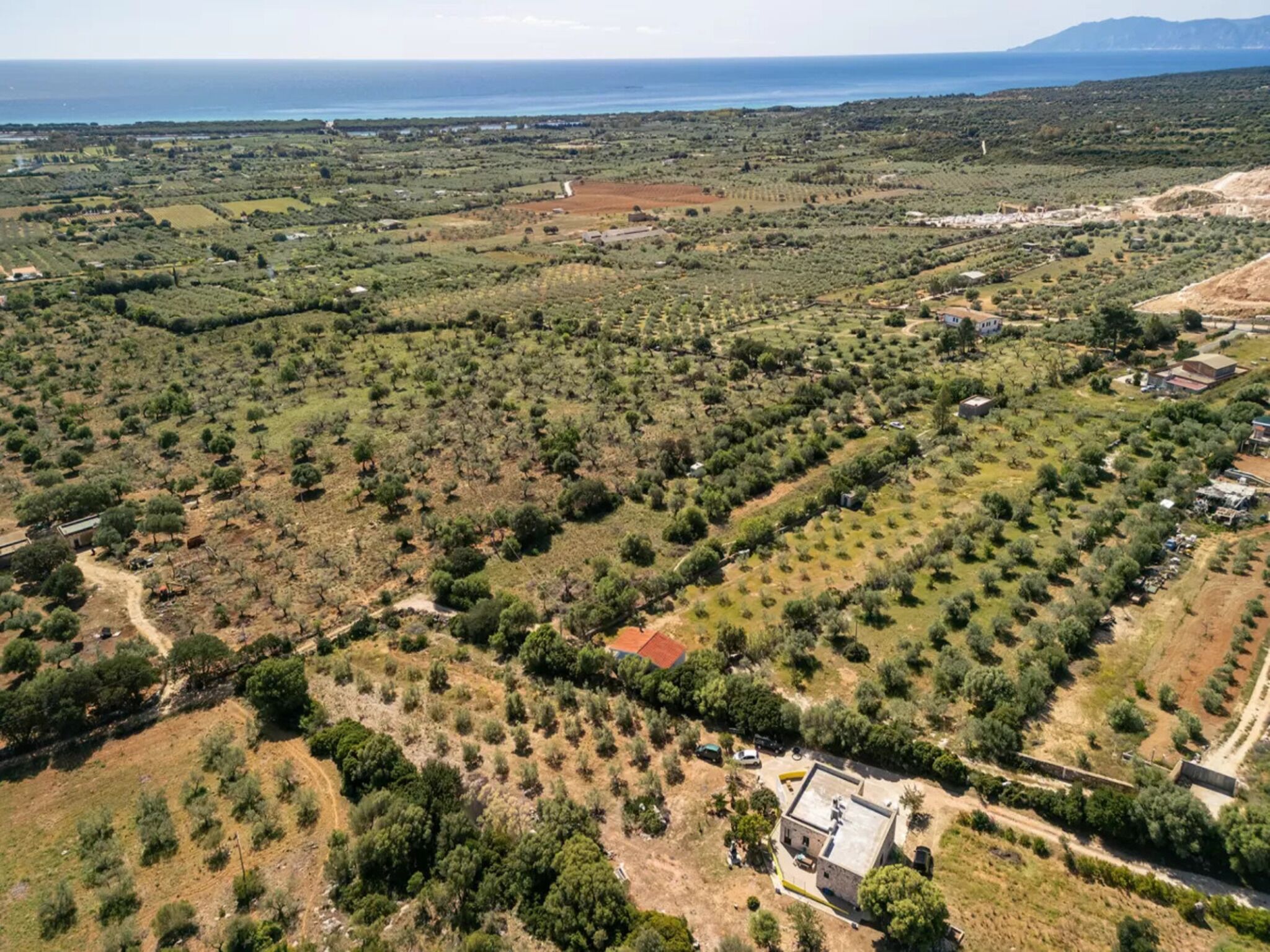 An aerial view of a rural landscape with scattered buildings, olive groves, and a coastline in the background.