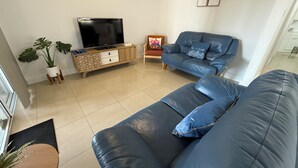 A living room with a blue leather sofa, a wooden cabinet with a TV, and two potted plants.