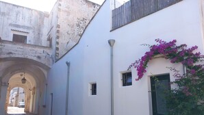 Una calle estrecha con un edificio blanco que tiene una puerta verde, una ventana pequeña y una enredadera morada con flores.