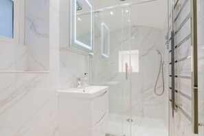 Shower, hair dryer, bidet, towels