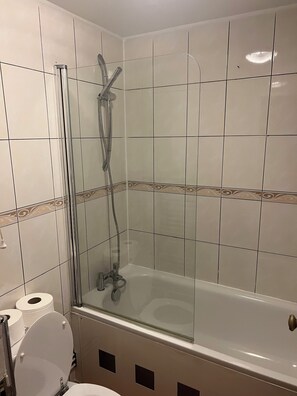 Hair dryer, towels, soap, toilet paper