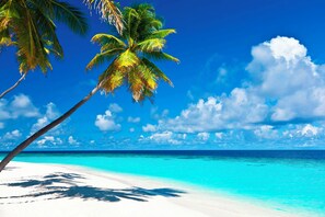 A beach with white sand and turquoise water, palm trees, and a clear blue sky. - Hotel Boutique Villas Del Lago (Nagua)