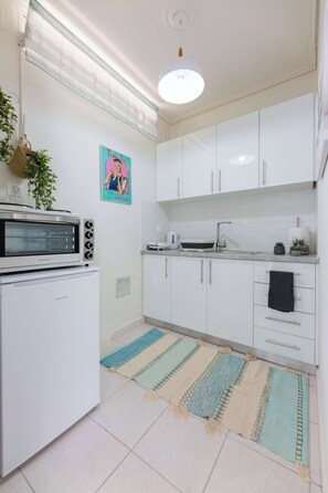 A kitchen with white cabinets, a built-in oven, a sink, and a hanging plant.