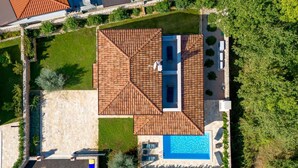 An aerial view of a house with a tiled roof, a swimming pool, and a garden. - Family Villa Di with pool (Malinska)