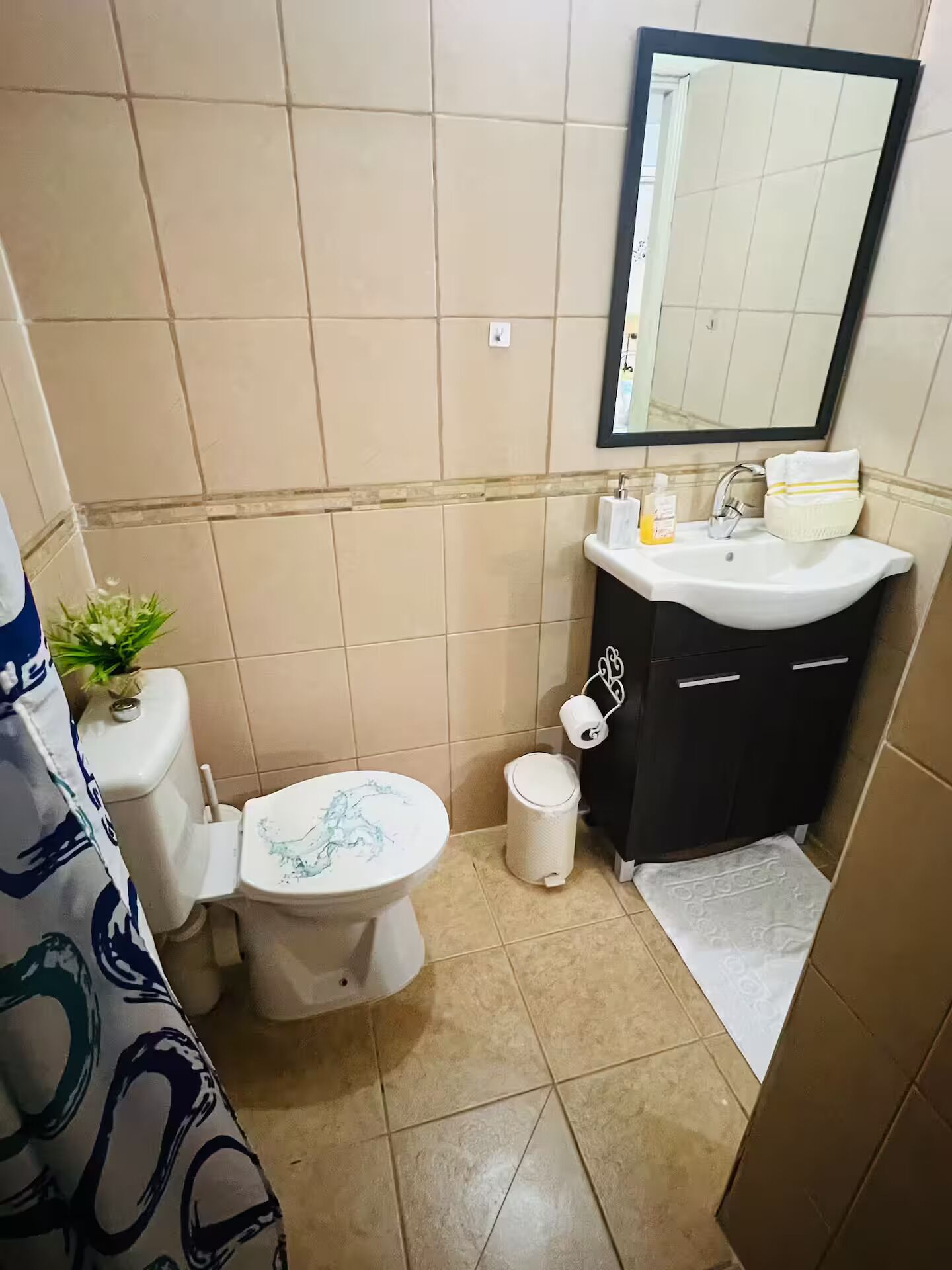 A small bathroom with a toilet, sink, and mirror.