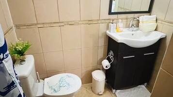 A small bathroom with a toilet, sink, and mirror.