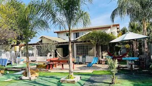 A spacious outdoor area with a hammock, lounge chairs, and a covered seating area. - Comfort in the center of Upper Galilee, Pets are welcome, with green, spacious. (Mishmar HaYarden)