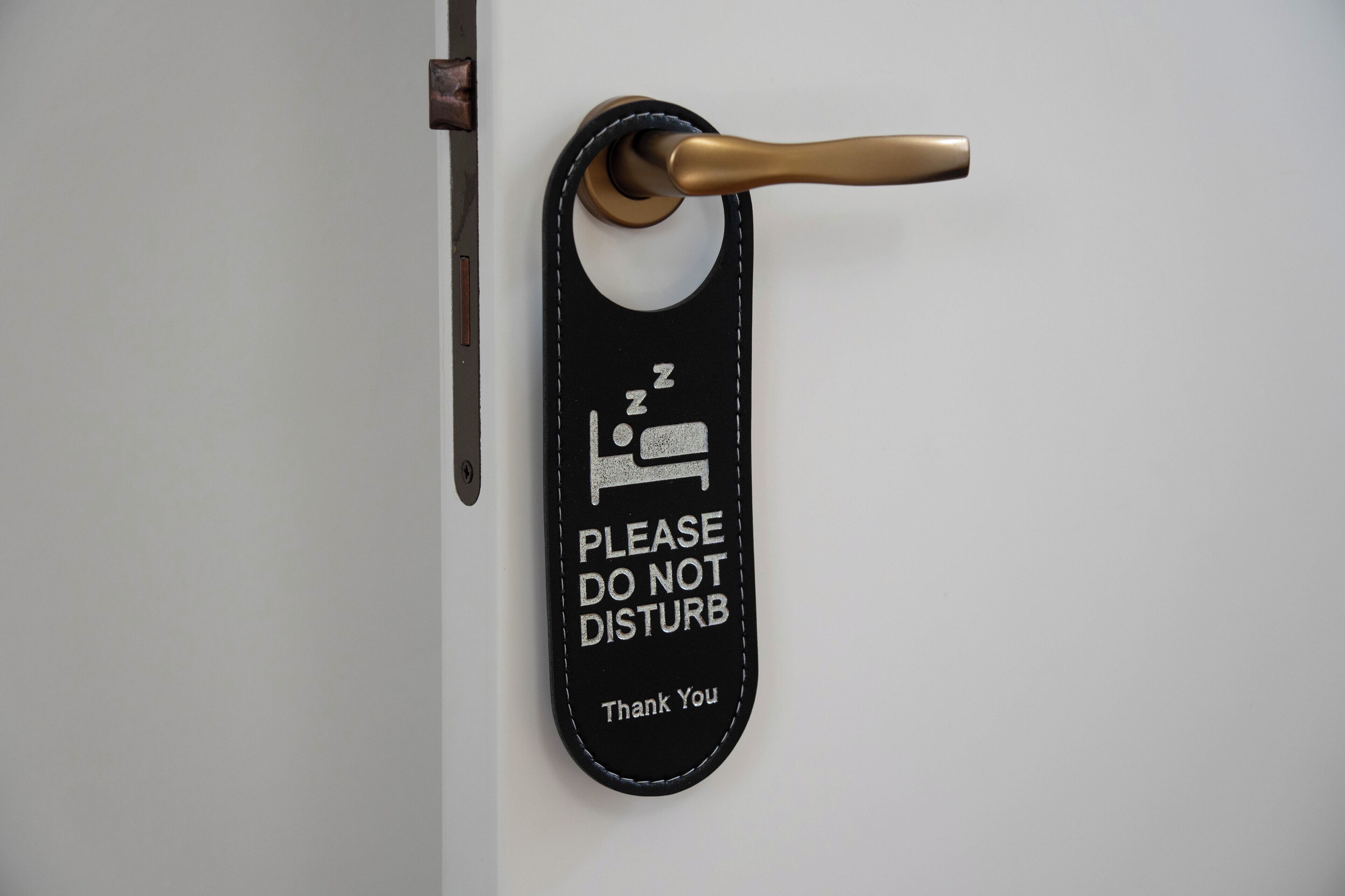 Una puerta con un letrero negro que dice 'PLEASE DO NOT DISTURB Thank You'.