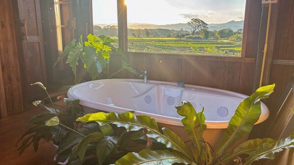 A room with a large bathtub, wooden walls, and a view of a green landscape through a window. - Deetorjai Farmstay Nan (Chiang Klang)