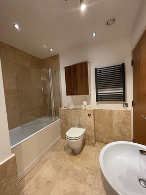 Shower, hair dryer, towels, soap