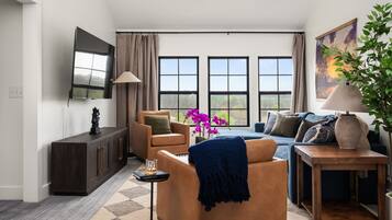 TV connectée, cheminée, baby-foot, livres