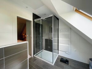 Shower, hair dryer, towels, toilet paper