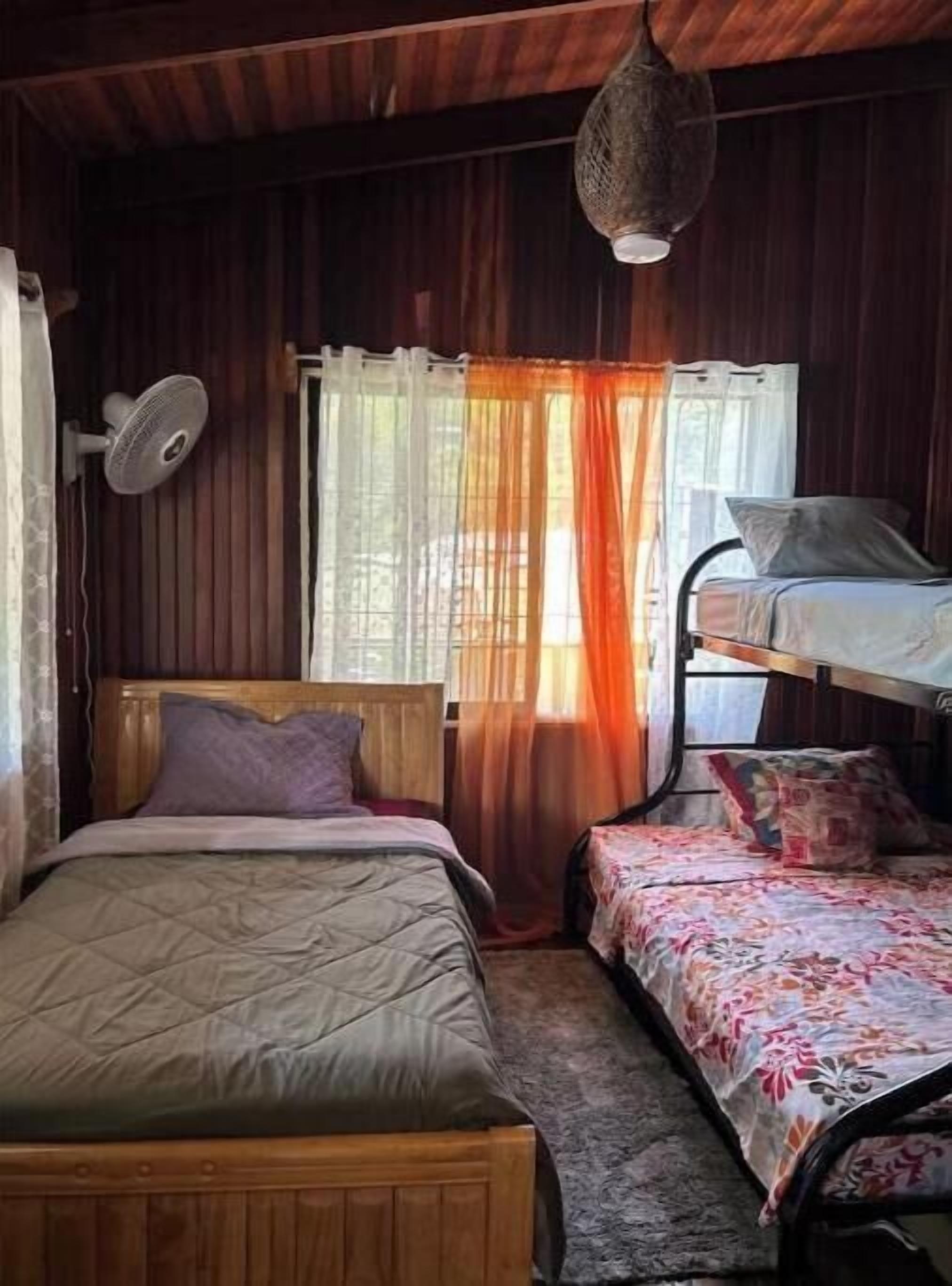 A room with a wooden bunk bed, a single bed, a ceiling fan, and a window with curtains.