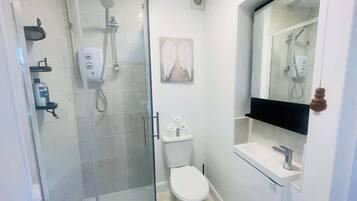 Shower, hair dryer, towels