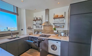 Fridge, microwave, dishwasher, cookware/dishes/utensils