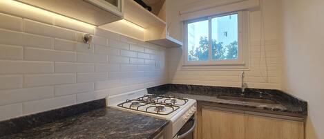 Fridge, microwave, oven, cookware/dishes/utensils