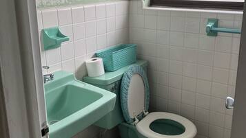 Hair dryer, towels, soap, toilet paper