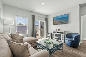 Smart TV, fireplace, video games, DVD player