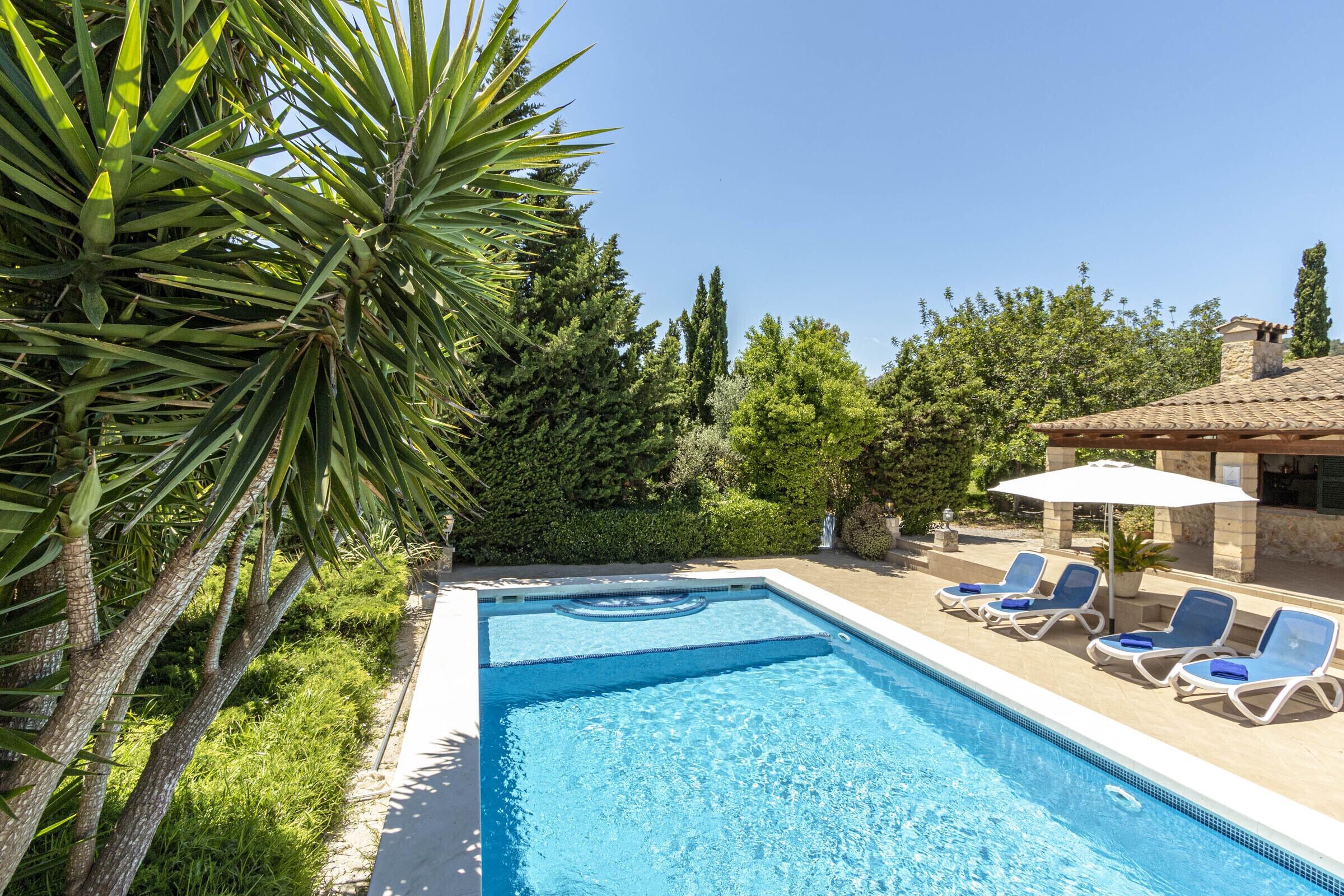 A rectangular swimming pool with clear blue water, surrounded by lounge chairs and a pergola with an umbrella.