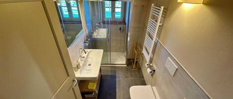 A compact bathroom with a glass shower enclosure, a sink, a toilet, and a towel rack.