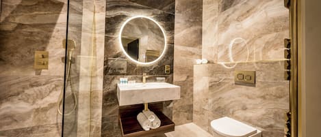 Séchoir à cheveux, savon, shampooing, papier de toilette