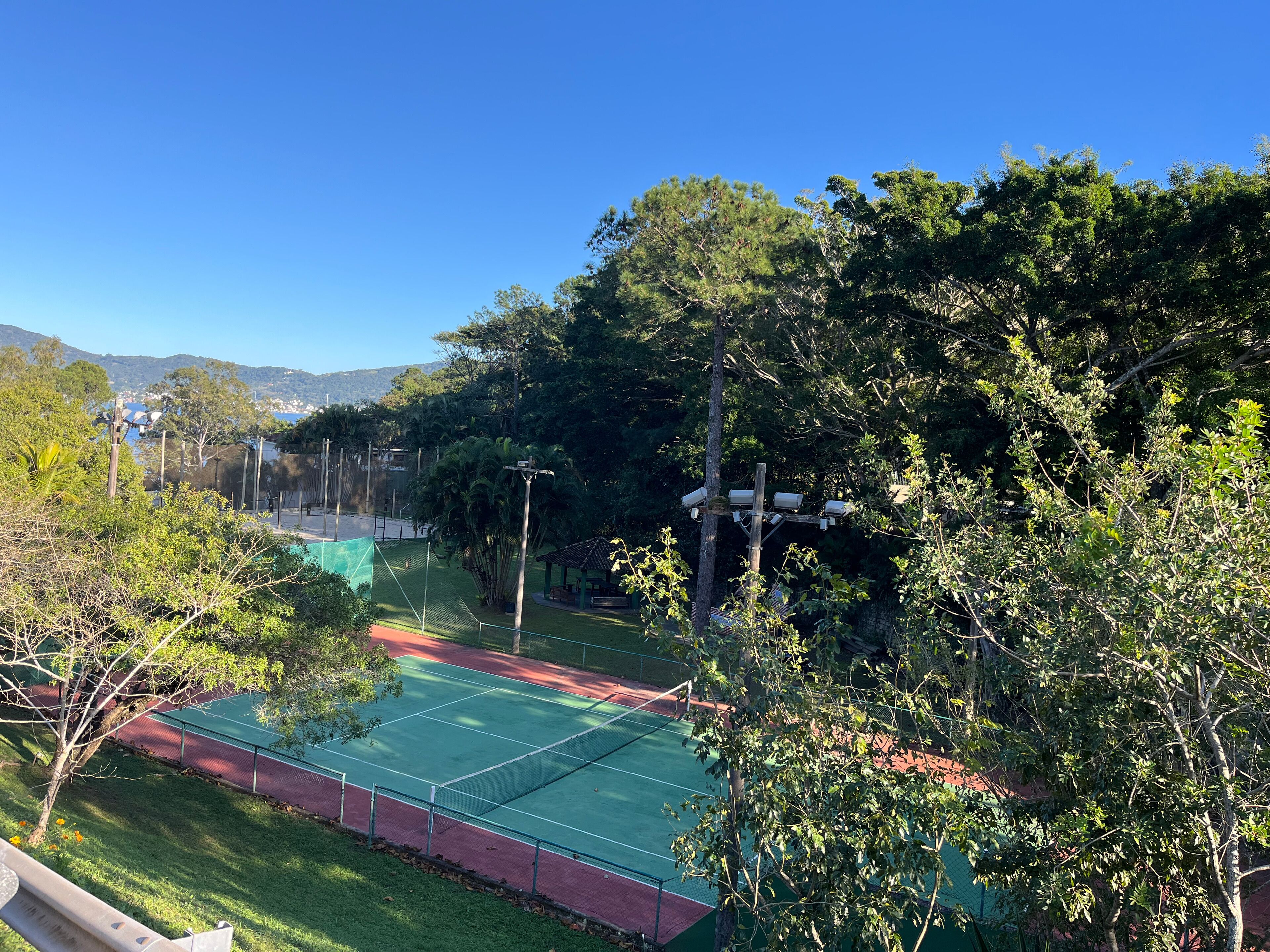 A tennis court surrounded by trees and a mountain in the background.