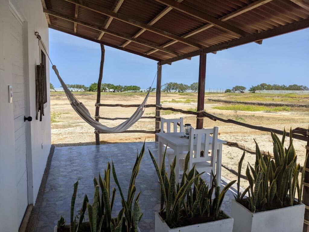 Un espacio al aire libre techado con una hamaca, sillas blancas y plantas en macetas.
