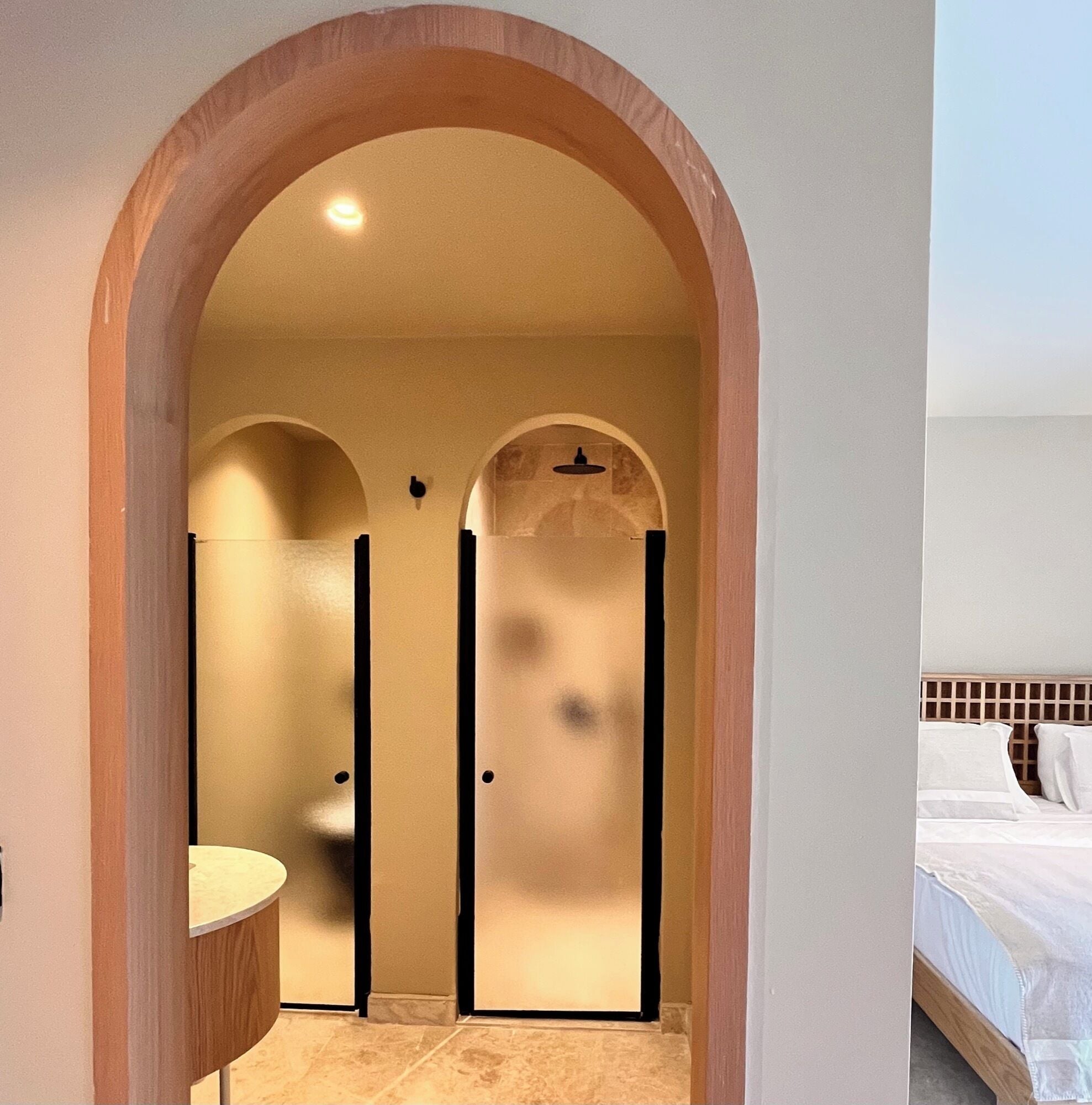 Shower, hair dryer, slippers, towels