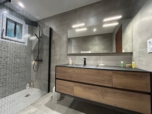 Regadera, secadora de cabello, toallas, papel de baño 