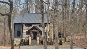 Une cabane en rondins avec une façade en pierre, un toit en métal et une véranda à l’avant.