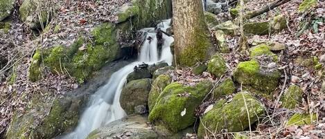 A natural setting with a small waterfall, surrounded by rocks and trees.